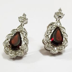 .925 Red Garnet Earrings with White Topaz Accents